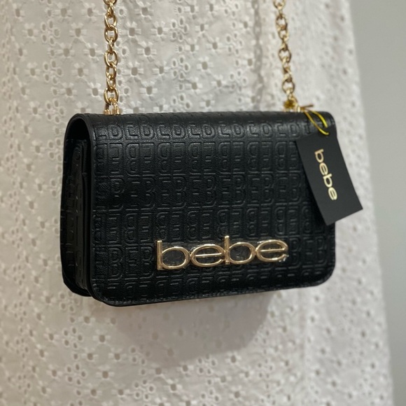 Bebe Womens Crossbody Bag black Gold embossed celia shoulder chain logo - Picture 1 of 13